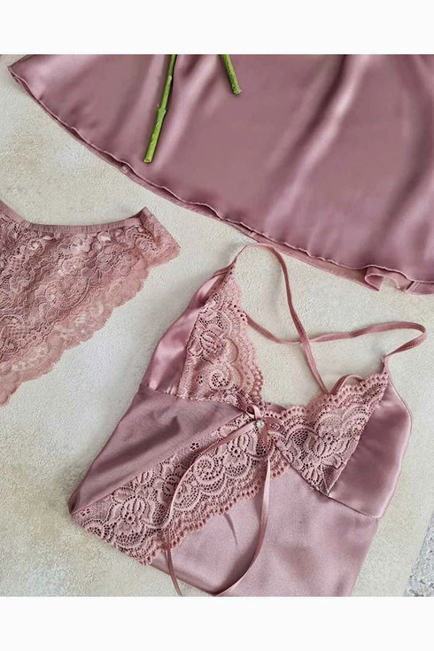 Dried Rose Satin Dressing Gown and Shorts 6 Pcs Dowry Set